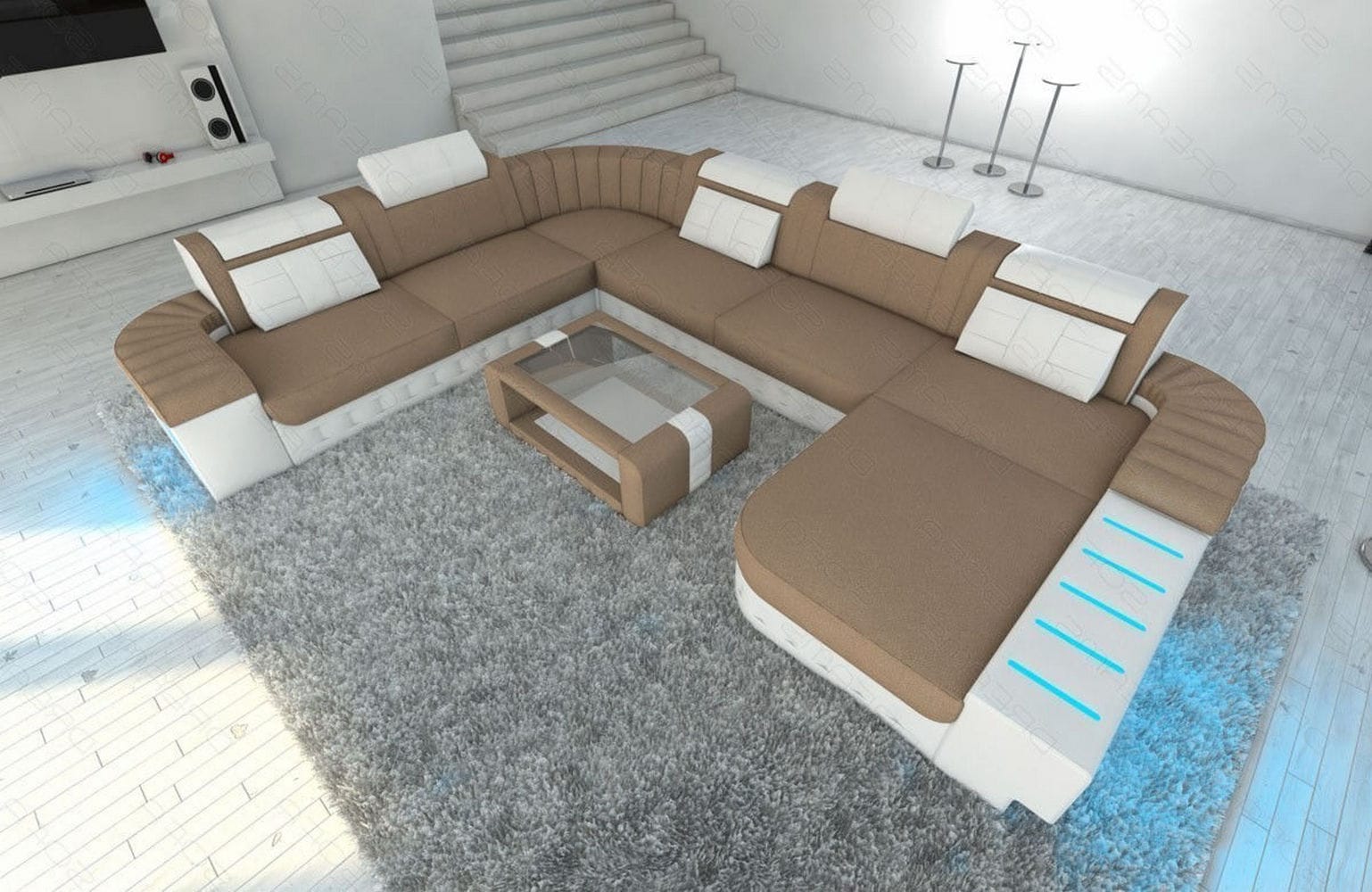 Mega Stoff-Wohnlandschaft Bellagio XXL mit LED Cappuccino-Weiß