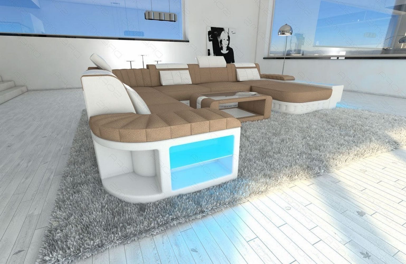 Mega Stoff-Wohnlandschaft Bellagio XXL mit LED Cappuccino-Weiß