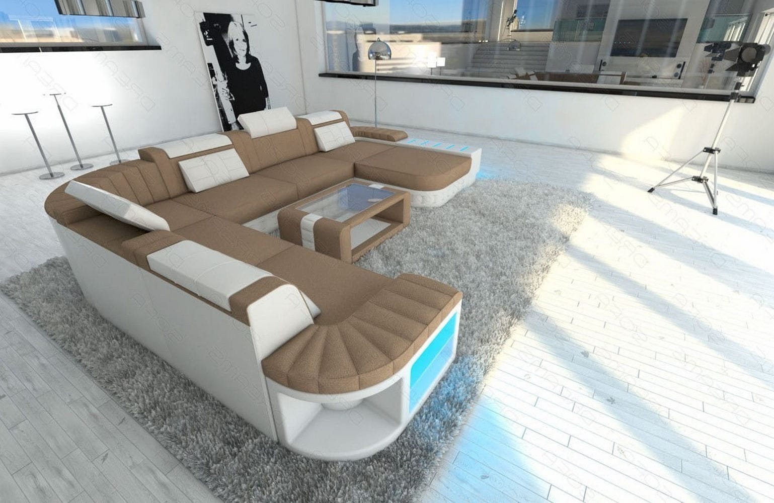 Mega Stoff-Wohnlandschaft Bellagio XXL mit LED Cappuccino-Weiß