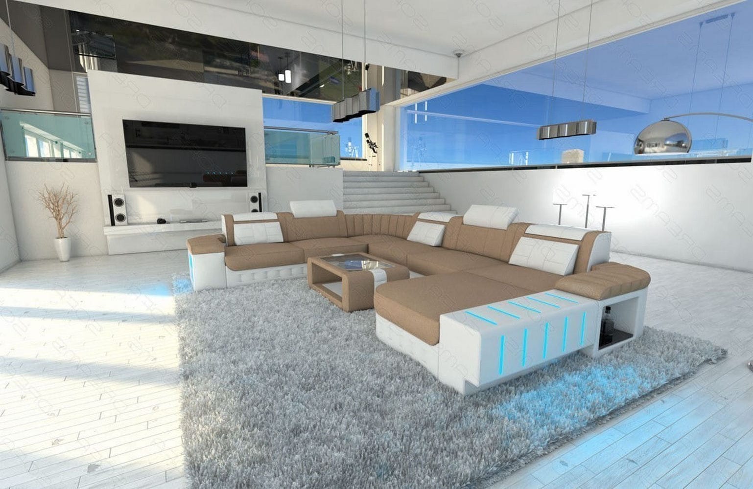 Mega Stoff-Wohnlandschaft Bellagio XXL mit LED Cappuccino-Weiß