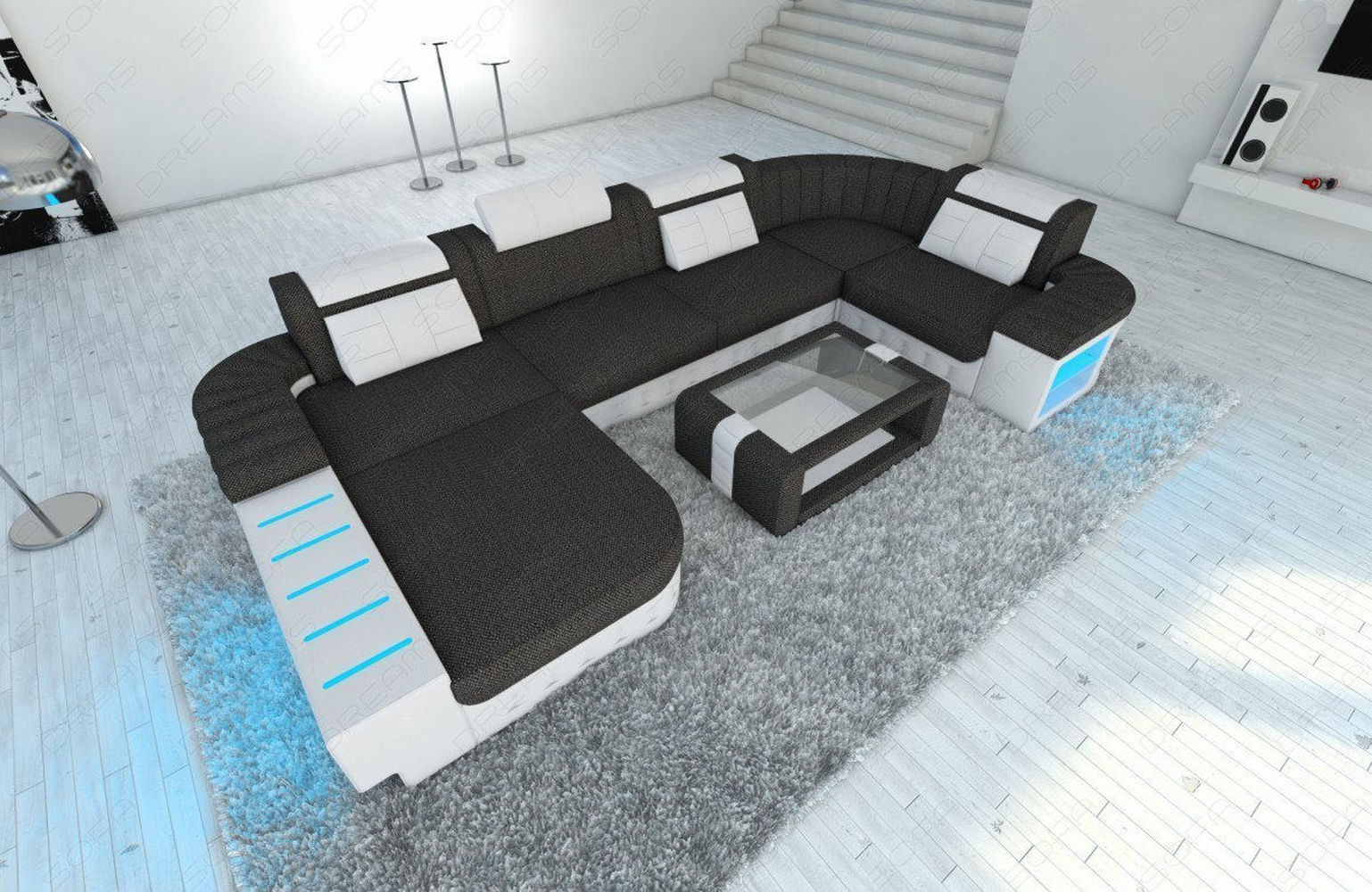 Stoff-Wohnlandschaft Bellagio U-Form mit LED Schwarzgrau-Weiß