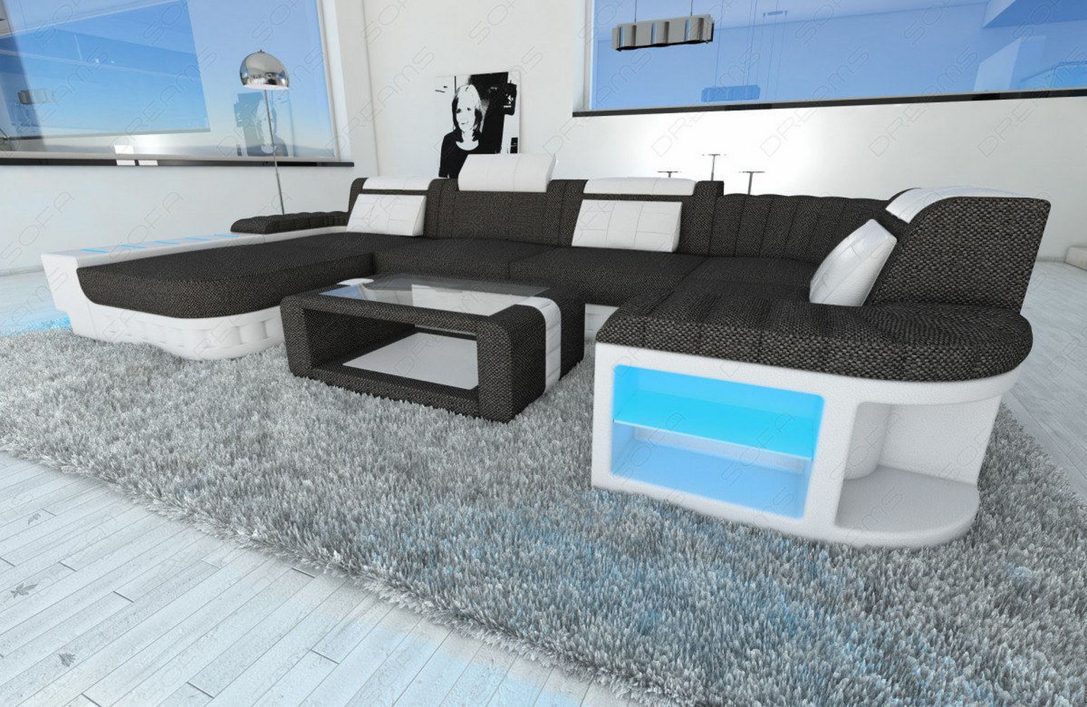 Stoff-Wohnlandschaft Bellagio U-Form mit LED Schwarzgrau-Weiß