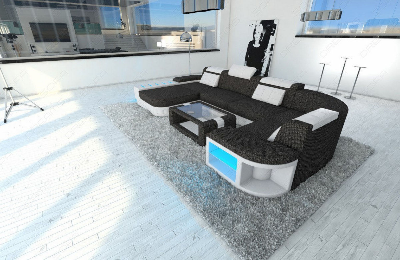 Stoff-Wohnlandschaft Bellagio U-Form mit LED Schwarzgrau-Weiß