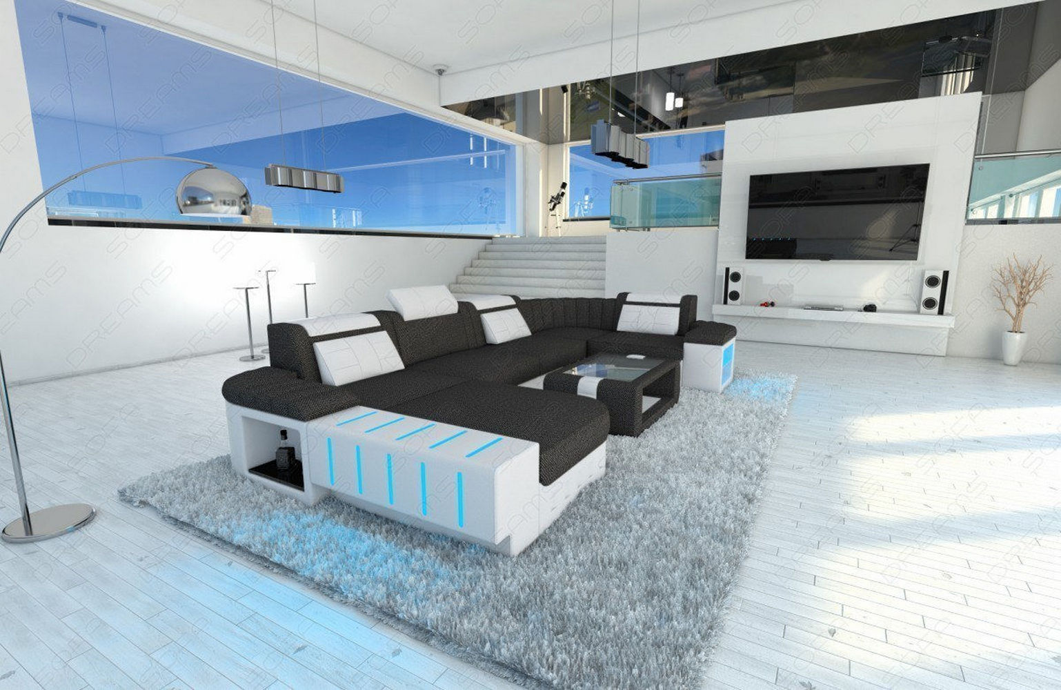 Stoff-Wohnlandschaft Bellagio U-Form mit LED Schwarzgrau-Weiß