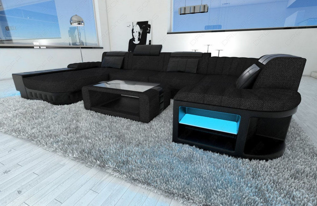 Stoff Wohnlandschaft Bellagio U-Form Dunkelgrau-Schwarz