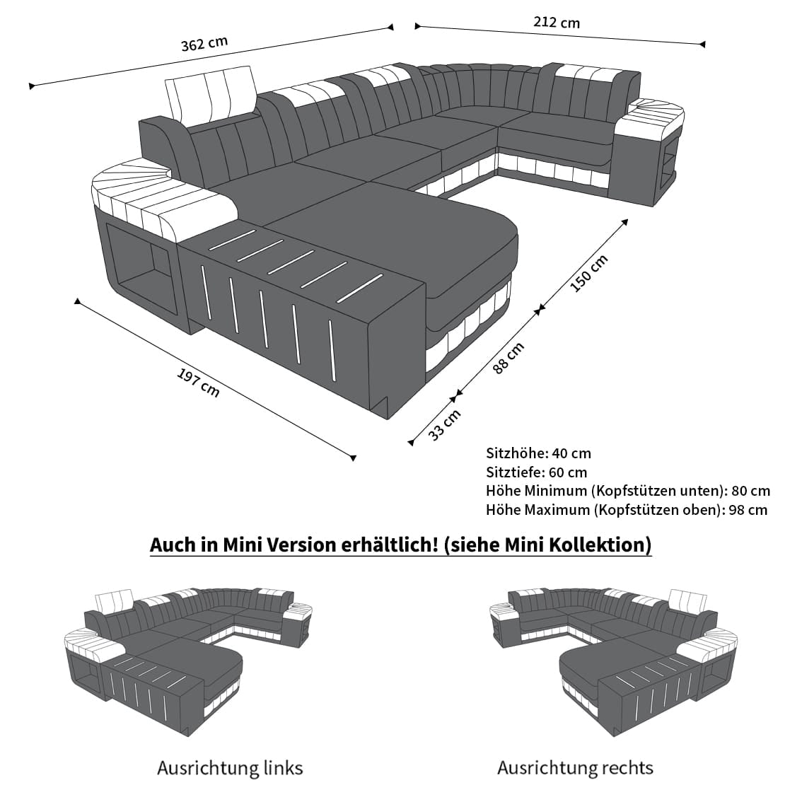 Stoff Wohnlandschaft Bellagio U-Form Dunkelgrau-Schwarz
