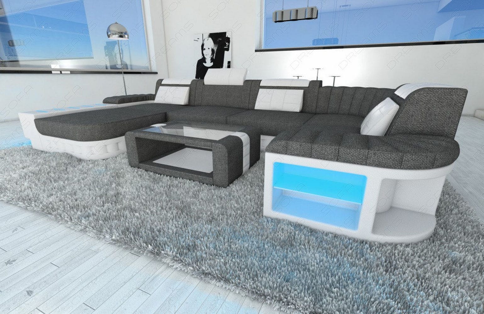 Stoff Wohnlandschaft Bellagio U-Form Grau-Weiß