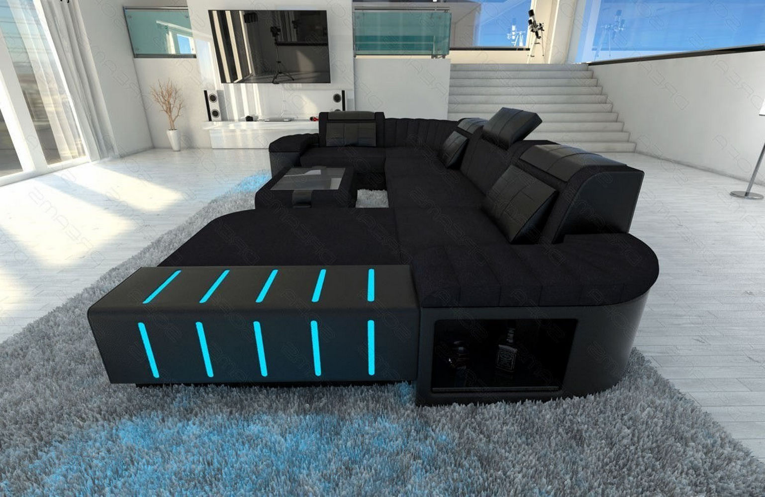 Stoff-Wohnlandschaft Bellagio U-Form mit LED Schwarz-Schwarz