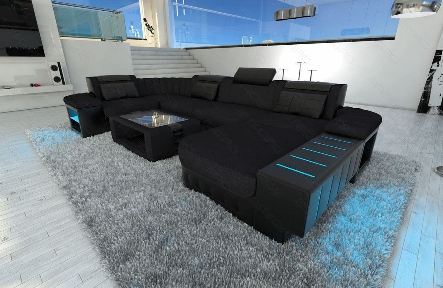 Stoff-Wohnlandschaft Bellagio U-Form mit LED Schwarz-Schwarz