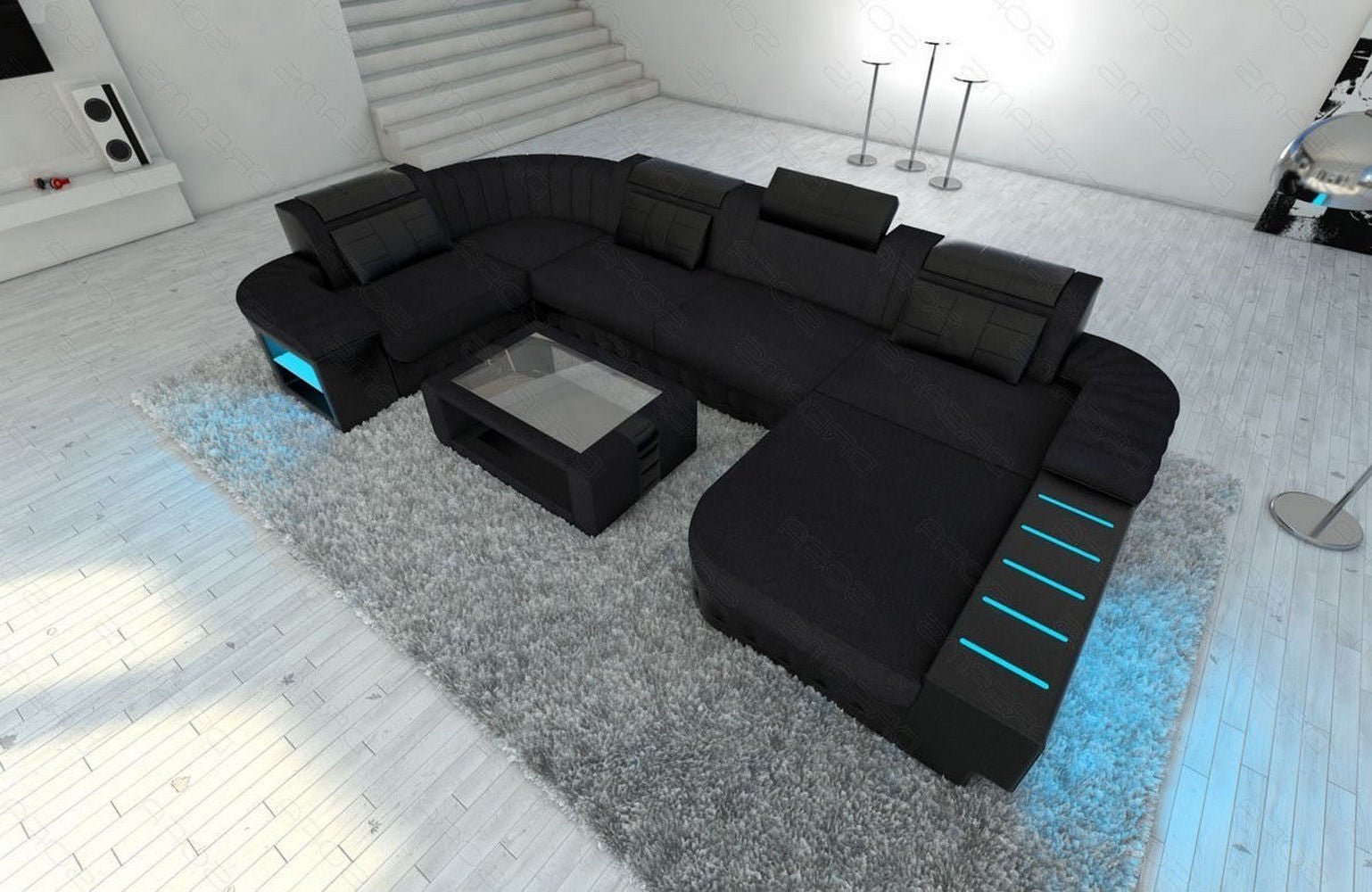 Stoff-Wohnlandschaft Bellagio U-Form mit LED Schwarz-Schwarz