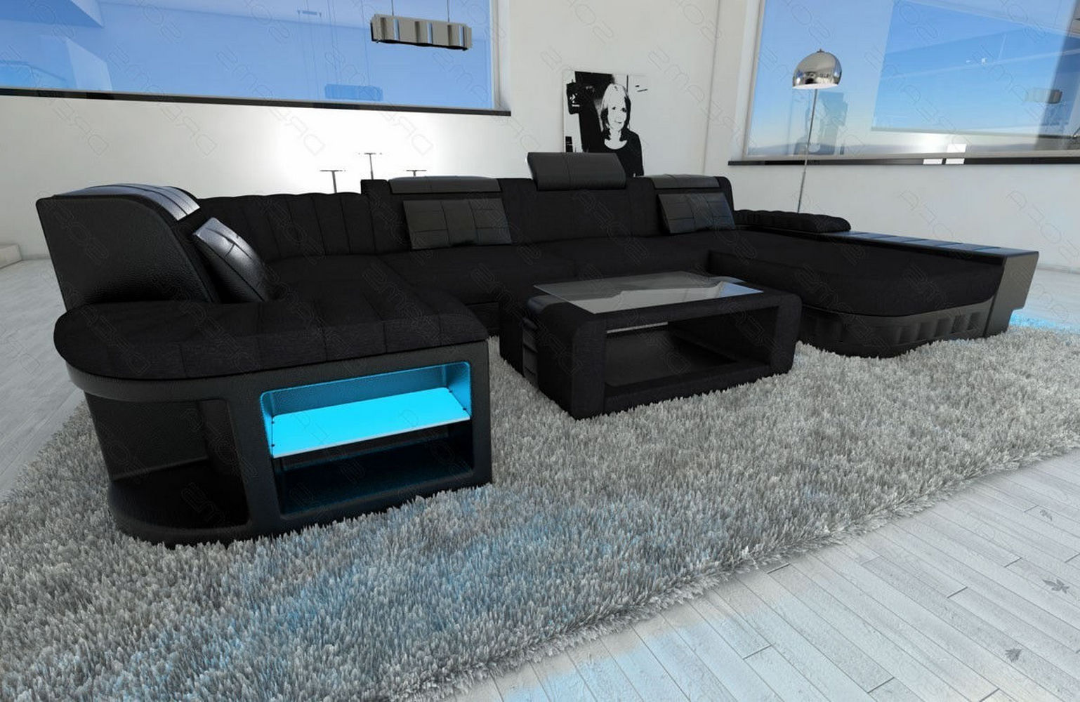 Stoff-Wohnlandschaft Bellagio U-Form mit LED Schwarz-Schwarz