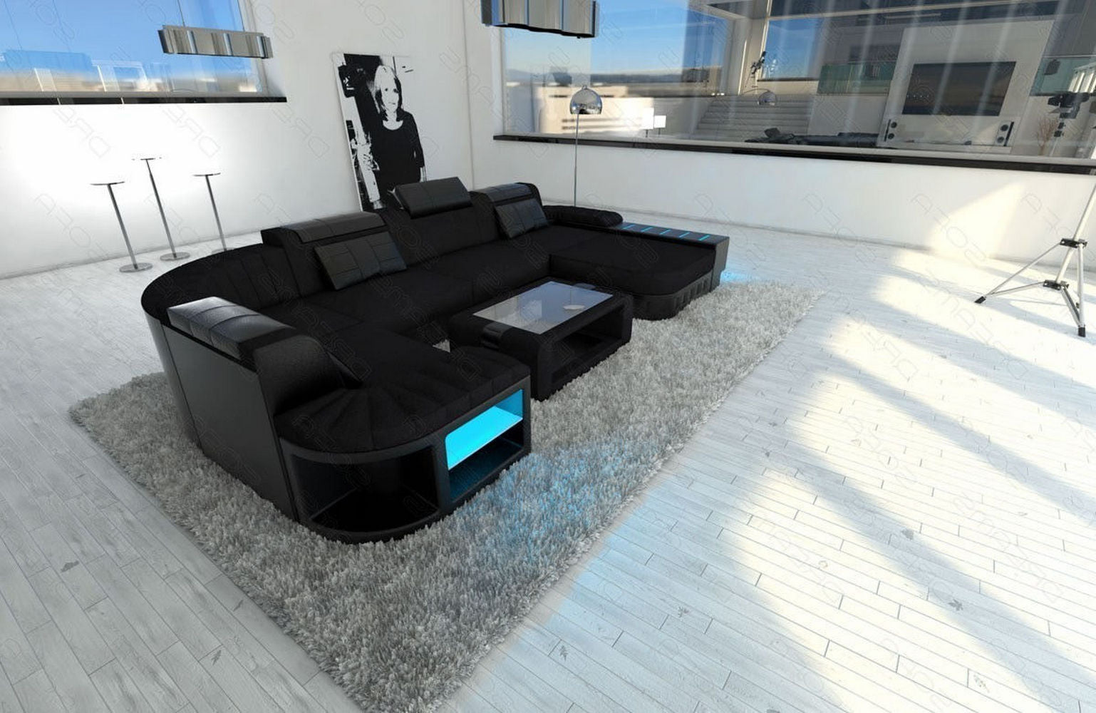 Stoff-Wohnlandschaft Bellagio U-Form mit LED Schwarz-Schwarz