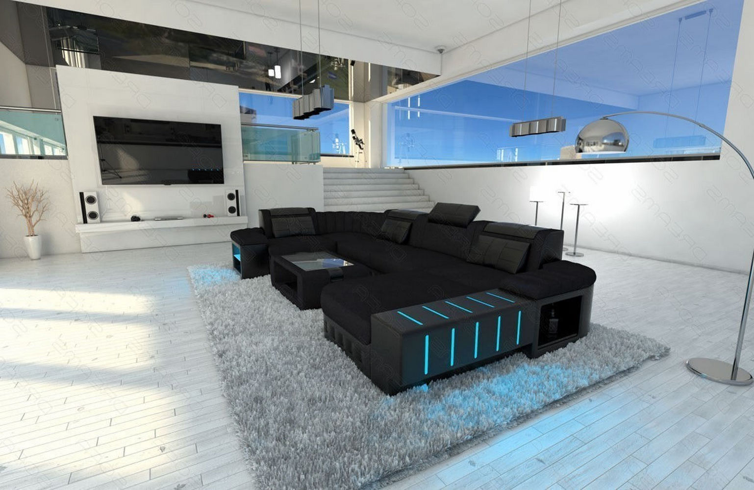 Stoff-Wohnlandschaft Bellagio U-Form mit LED Schwarz-Schwarz
