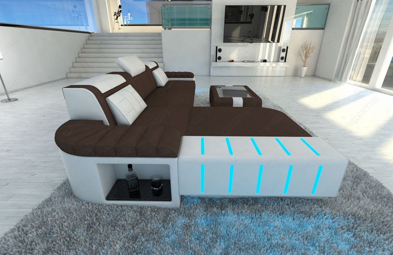 Leder-Stoff Couch Bellagio L-Form mit LED