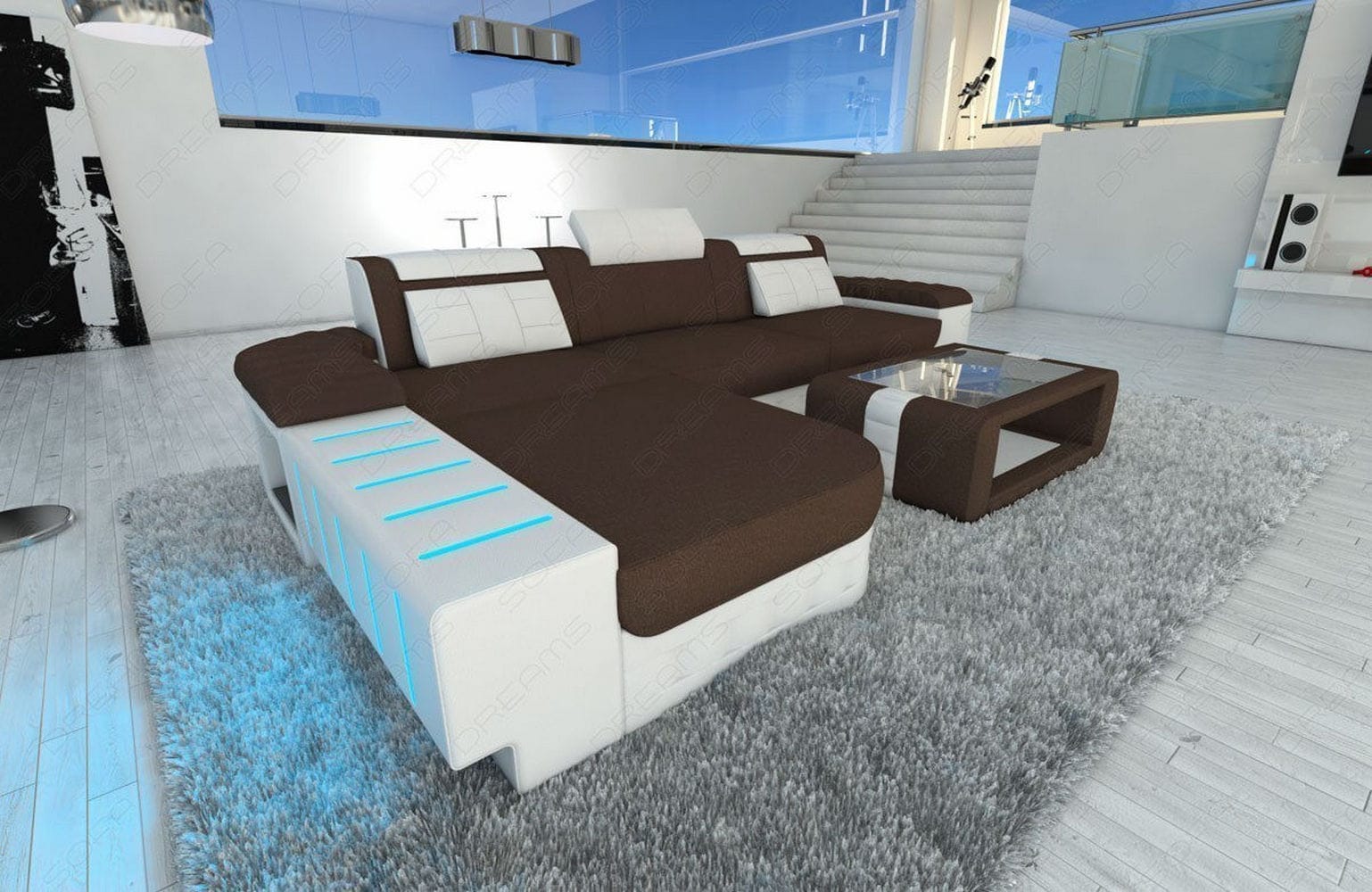 Leder-Stoff Couch Bellagio L-Form mit LED Dunkelbraun-Weiß