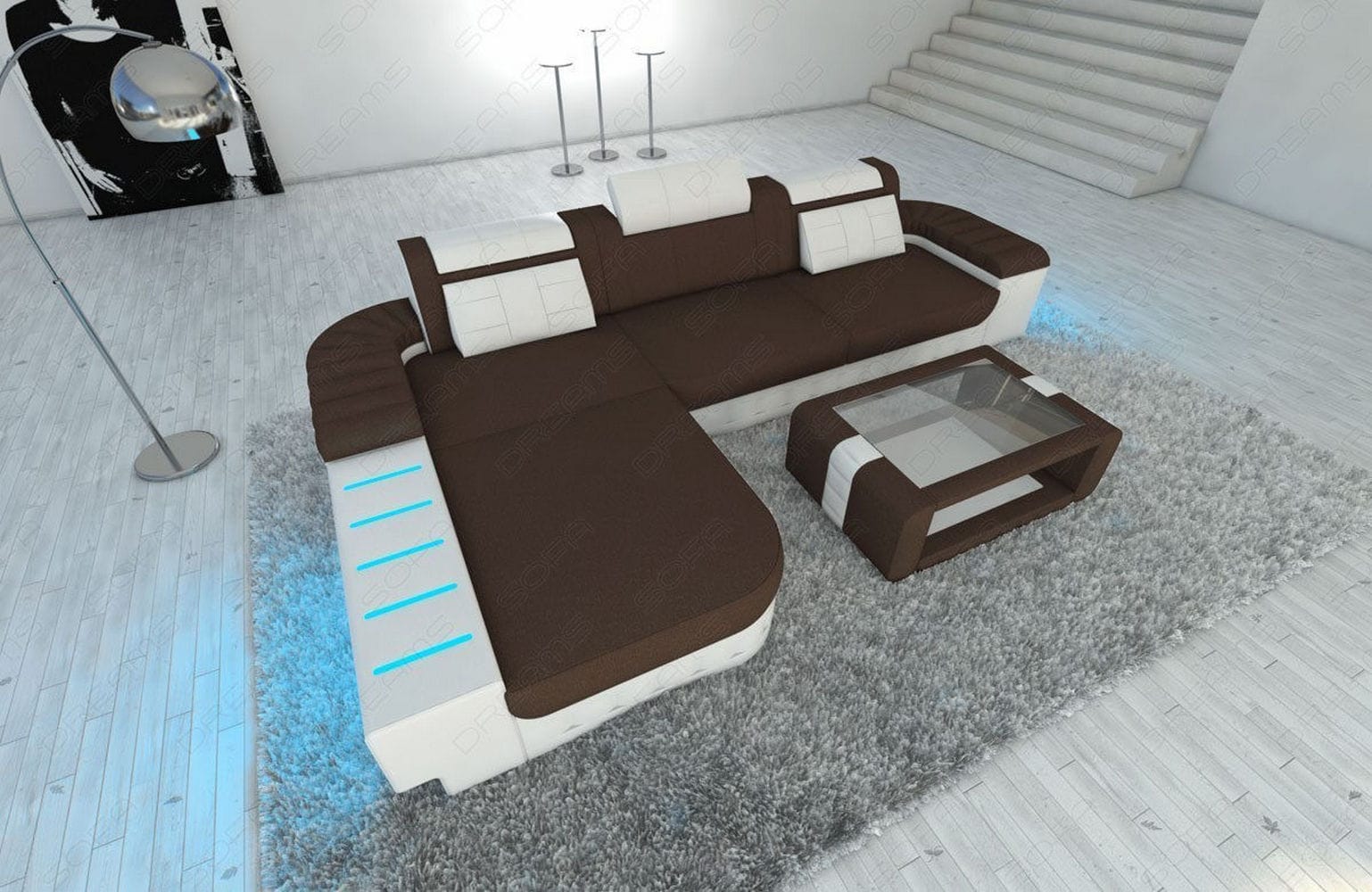 Leder-Stoff Couch Bellagio L-Form mit LED Dunkelbraun-Weiß
