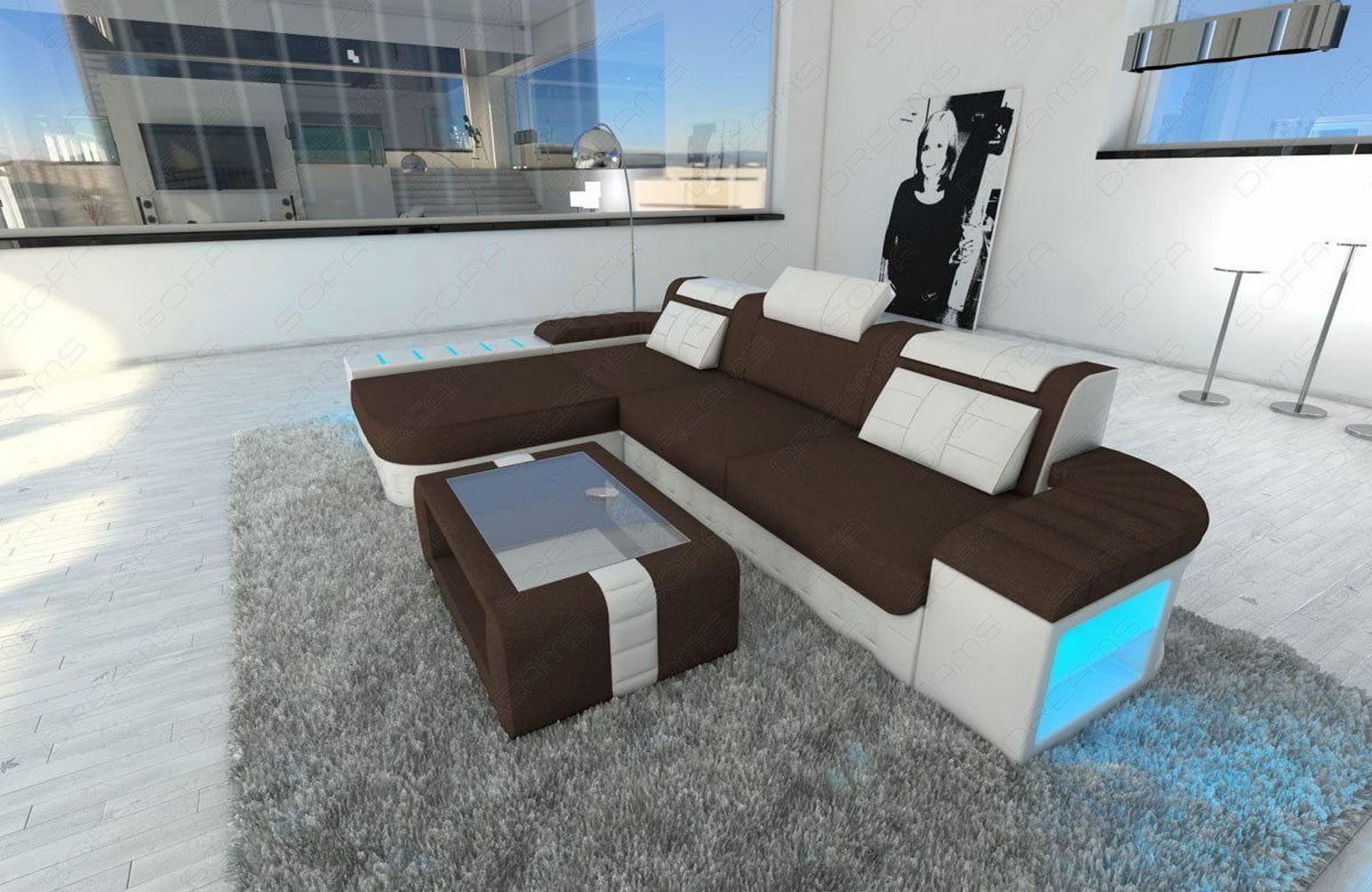 Leder-Stoff Couch Bellagio L-Form mit LED Dunkelbraun-Weiß