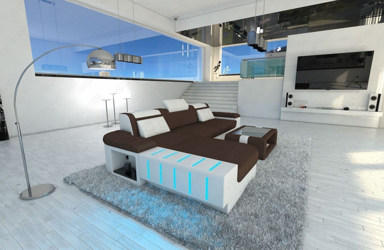Leder-Stoff Couch Bellagio L-Form mit LED Dunkelbraun-Weiß