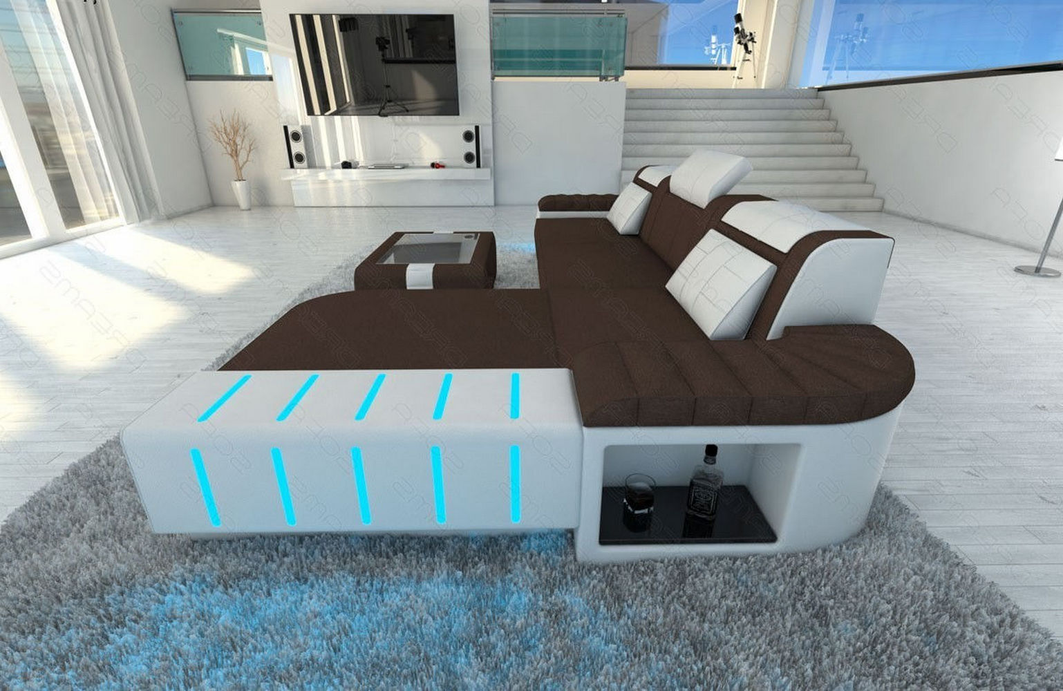 Leder-Stoff Couch Bellagio L-Form mit LED