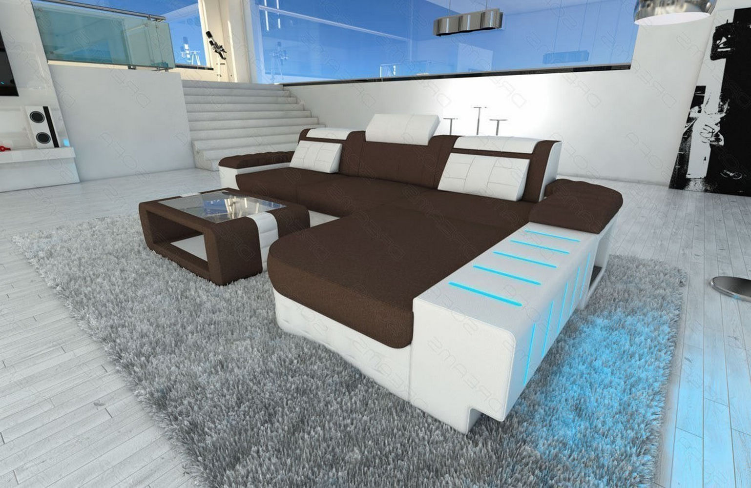 Leder-Stoff Couch Bellagio L-Form mit LED Dunkelbraun-Weiß
