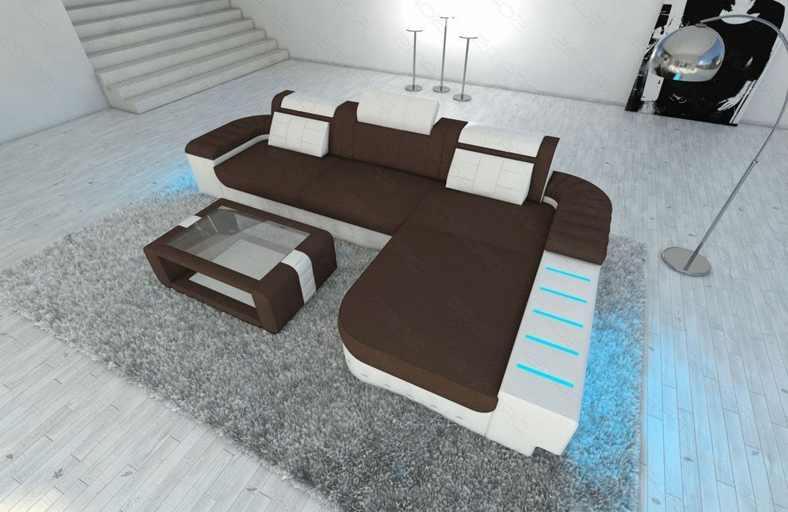 Leder-Stoff Couch Bellagio L-Form mit LED Dunkelbraun-Weiß