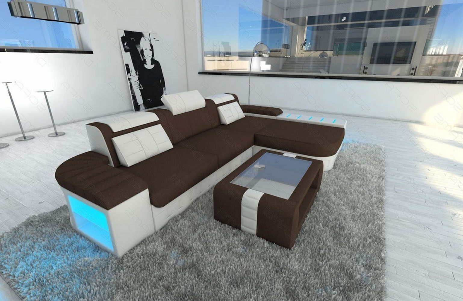 Leder-Stoff Couch Bellagio L-Form mit LED Dunkelbraun-Weiß