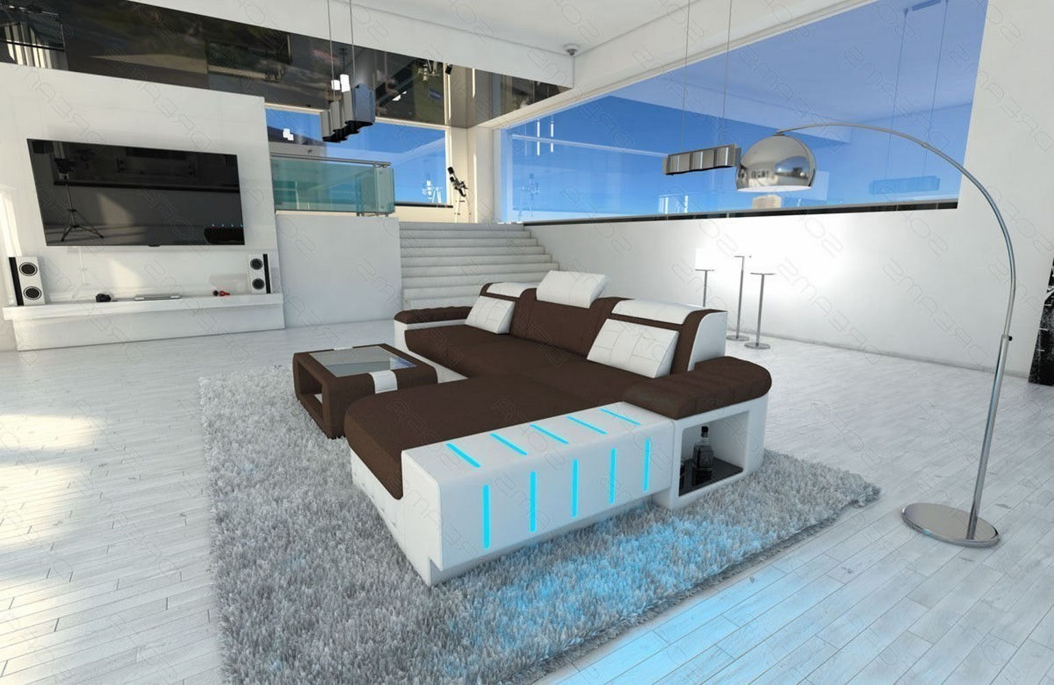 Leder-Stoff Couch Bellagio L-Form mit LED Dunkelbraun-Weiß