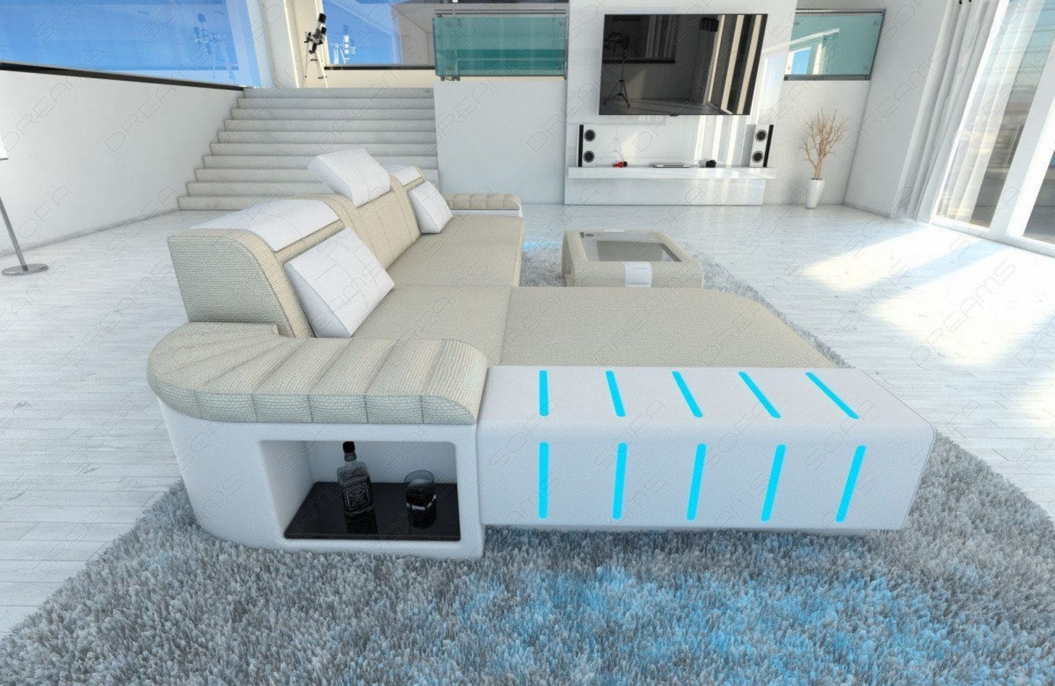 Leder-Stoff Couch Bellagio L-Form mit LED Elfenbein-Weiß
