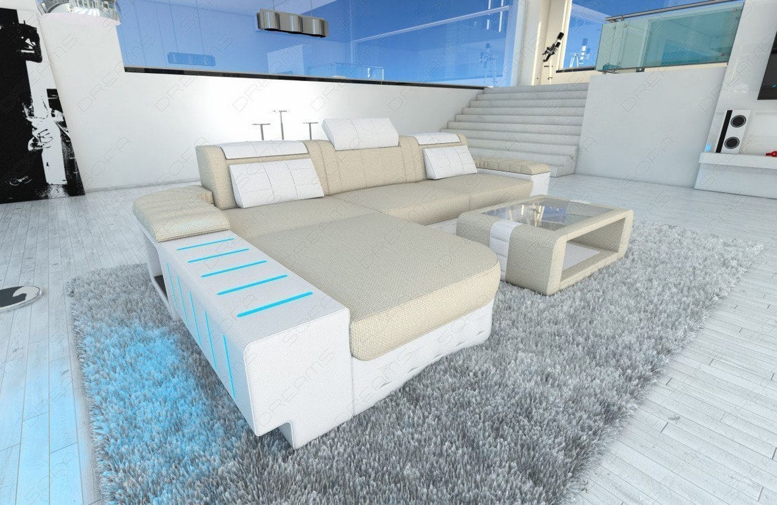Leder-Stoff Couch Bellagio L-Form mit LED Elfenbein-Weiß