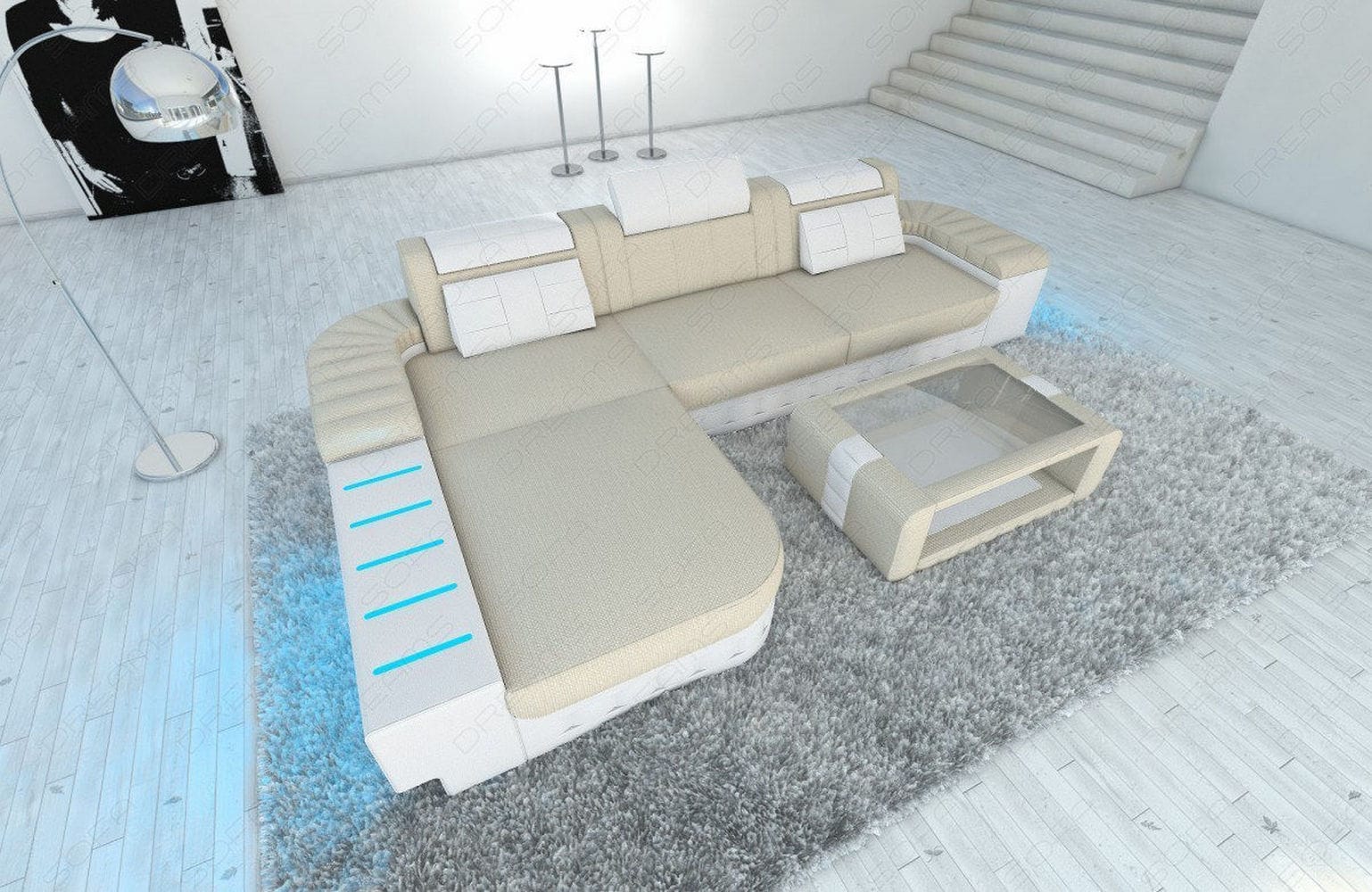 Leder-Stoff Couch Bellagio L-Form mit LED Elfenbein-Weiß