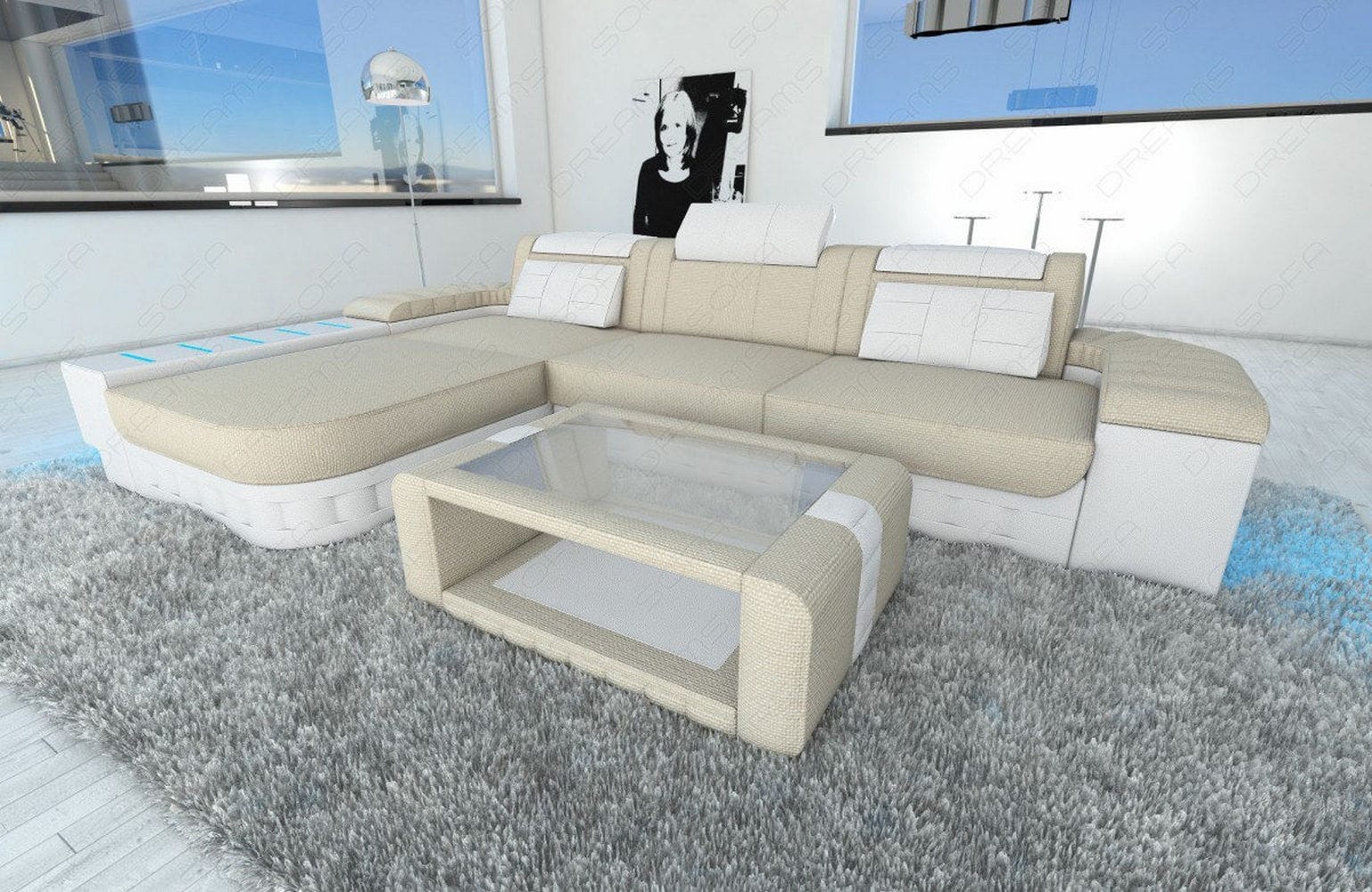 Leder-Stoff Couch Bellagio L-Form mit LED Elfenbein-Weiß