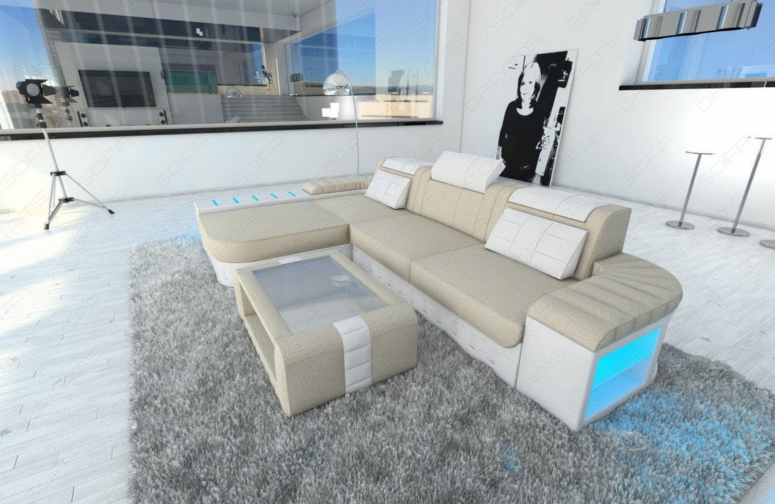 Leder-Stoff Couch Bellagio L-Form mit LED Elfenbein-Weiß