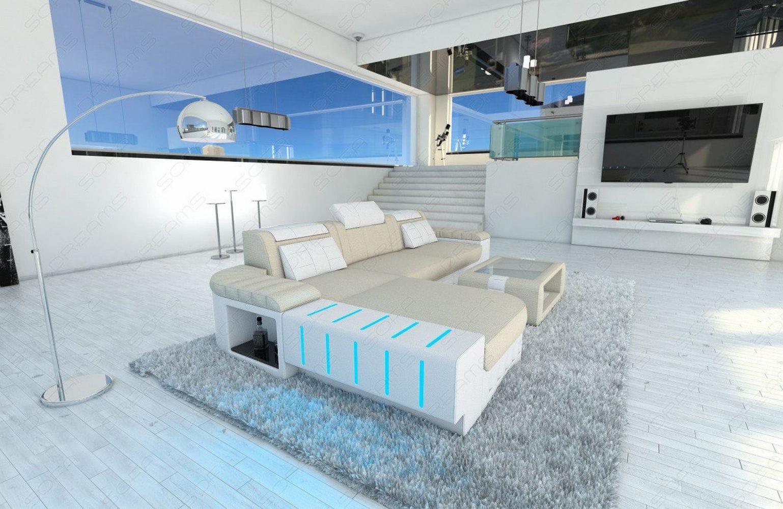 Leder-Stoff Couch Bellagio L-Form mit LED Elfenbein-Weiß