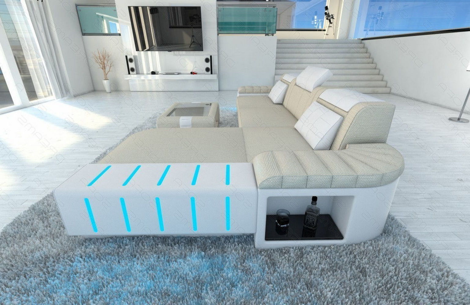 Leder-Stoff Couch Bellagio L-Form mit LED