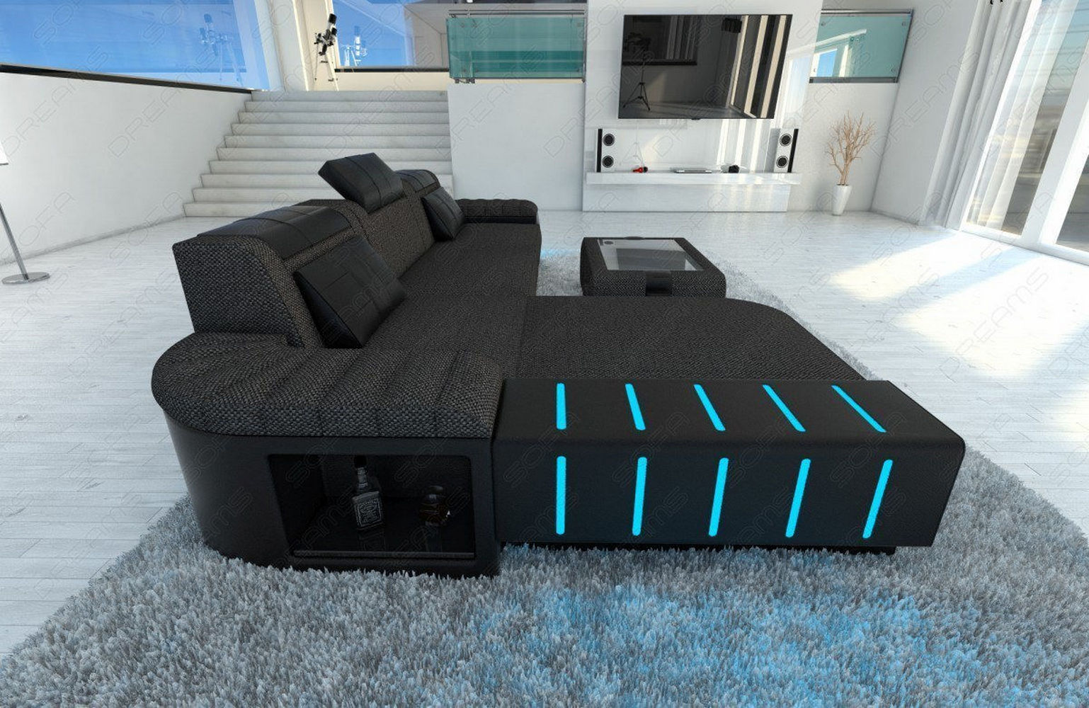 Leder-Stoff Couch Bellagio L-Form mit LED