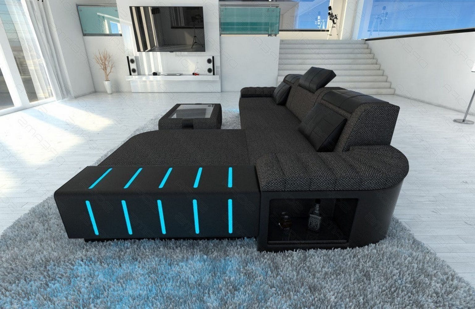 Leder-Stoff Couch Bellagio L-Form mit LED Schwarzgrau-Schwarz