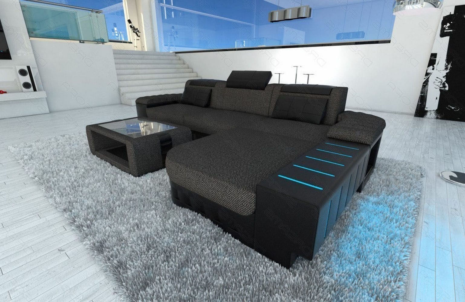 Leder-Stoff Couch Bellagio L-Form mit LED Schwarzgrau-Schwarz