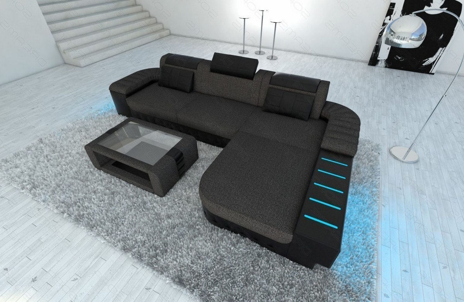Leder-Stoff Couch Bellagio L-Form mit LED Schwarzgrau-Schwarz