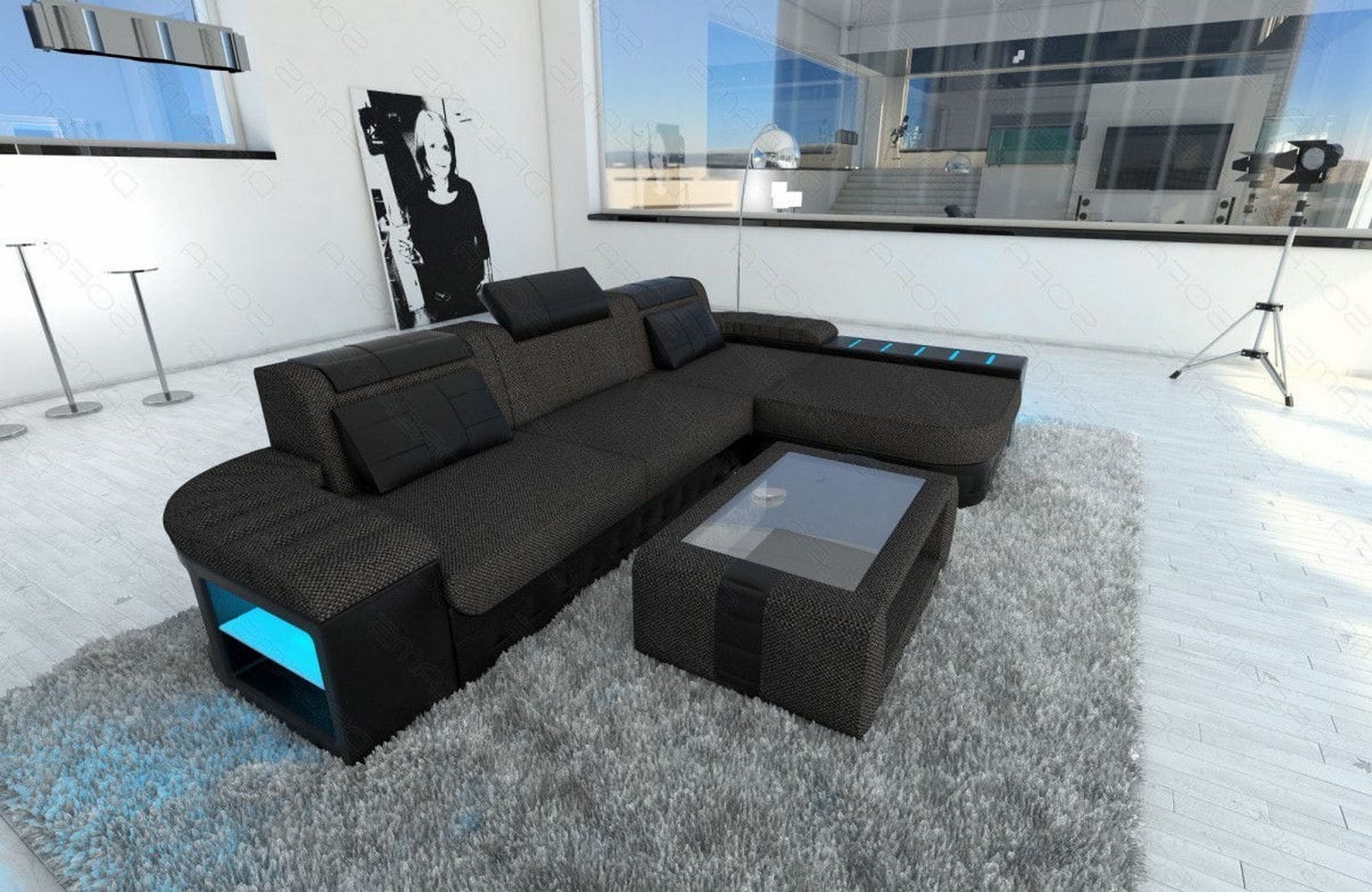 Leder-Stoff Couch Bellagio L-Form mit LED Schwarzgrau-Schwarz