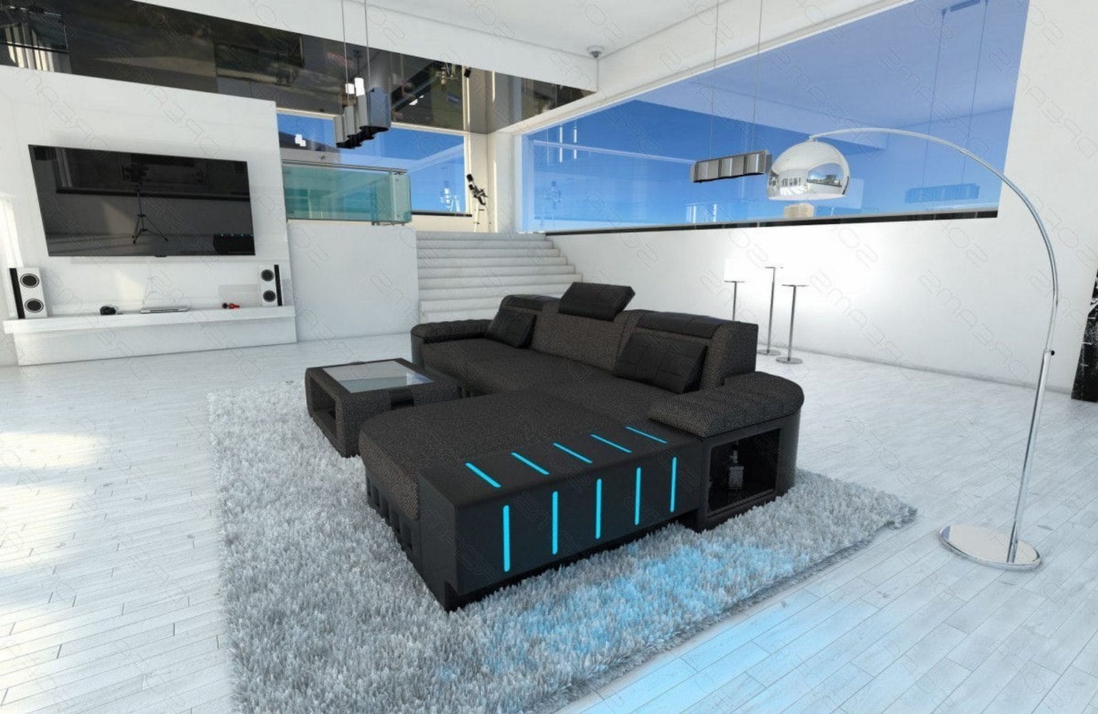 Leder-Stoff Couch Bellagio L-Form mit LED Schwarzgrau-Schwarz
