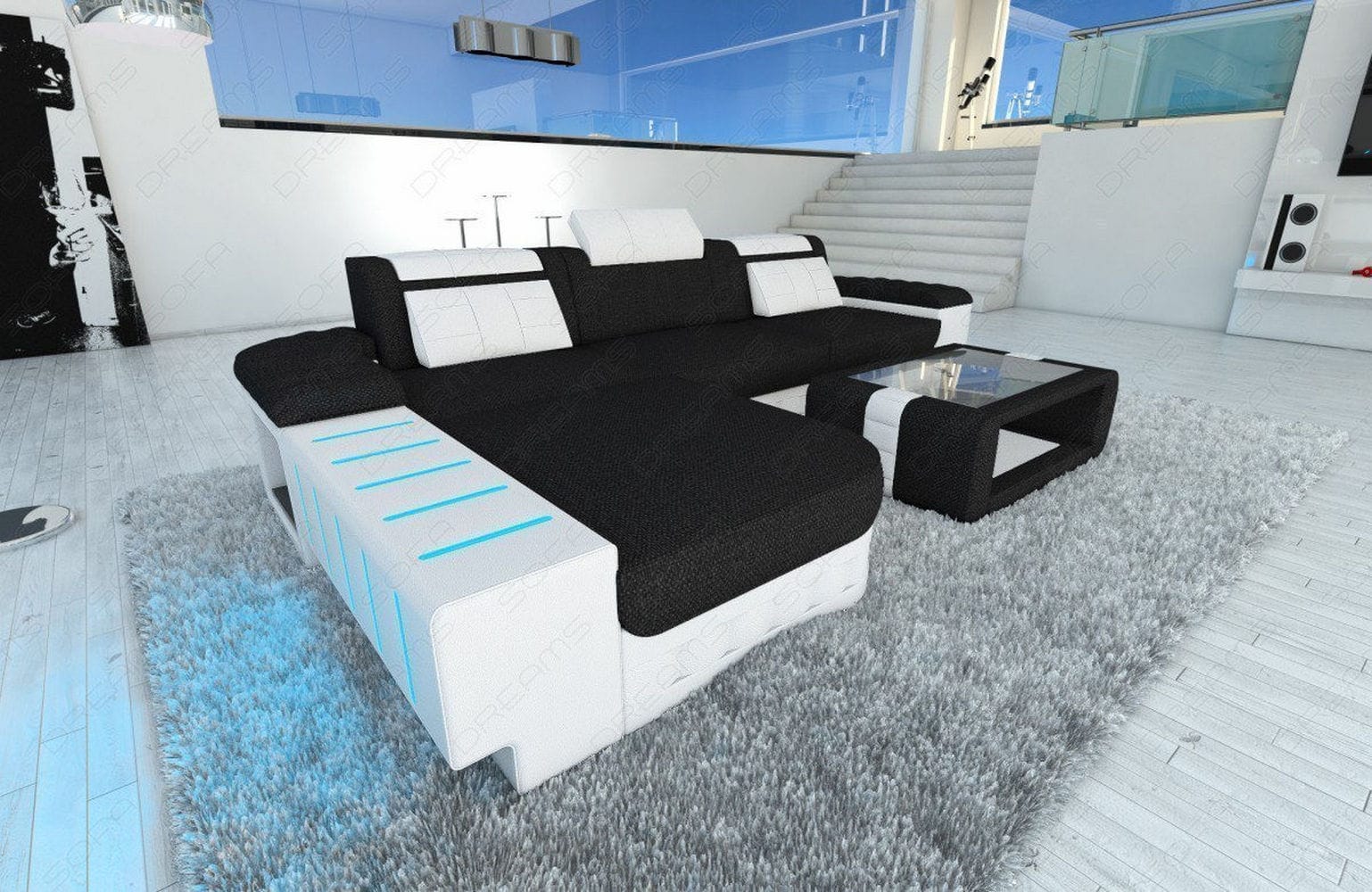 Leder-Stoff Couch Bellagio L-Form mit LED Dunkelgrau-Weiß