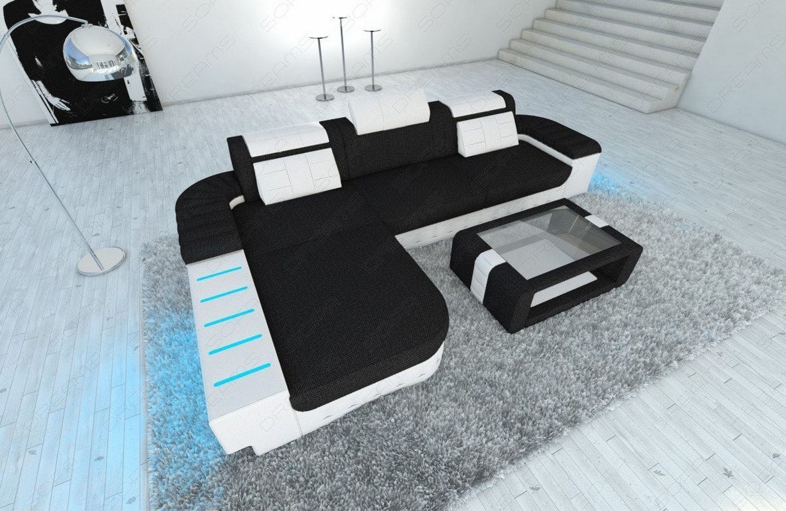 Leder-Stoff Couch Bellagio L-Form mit LED Dunkelgrau-Weiß