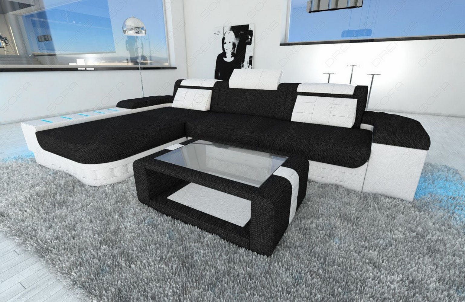 Leder-Stoff Couch Bellagio L-Form mit LED Dunkelgrau-Weiß