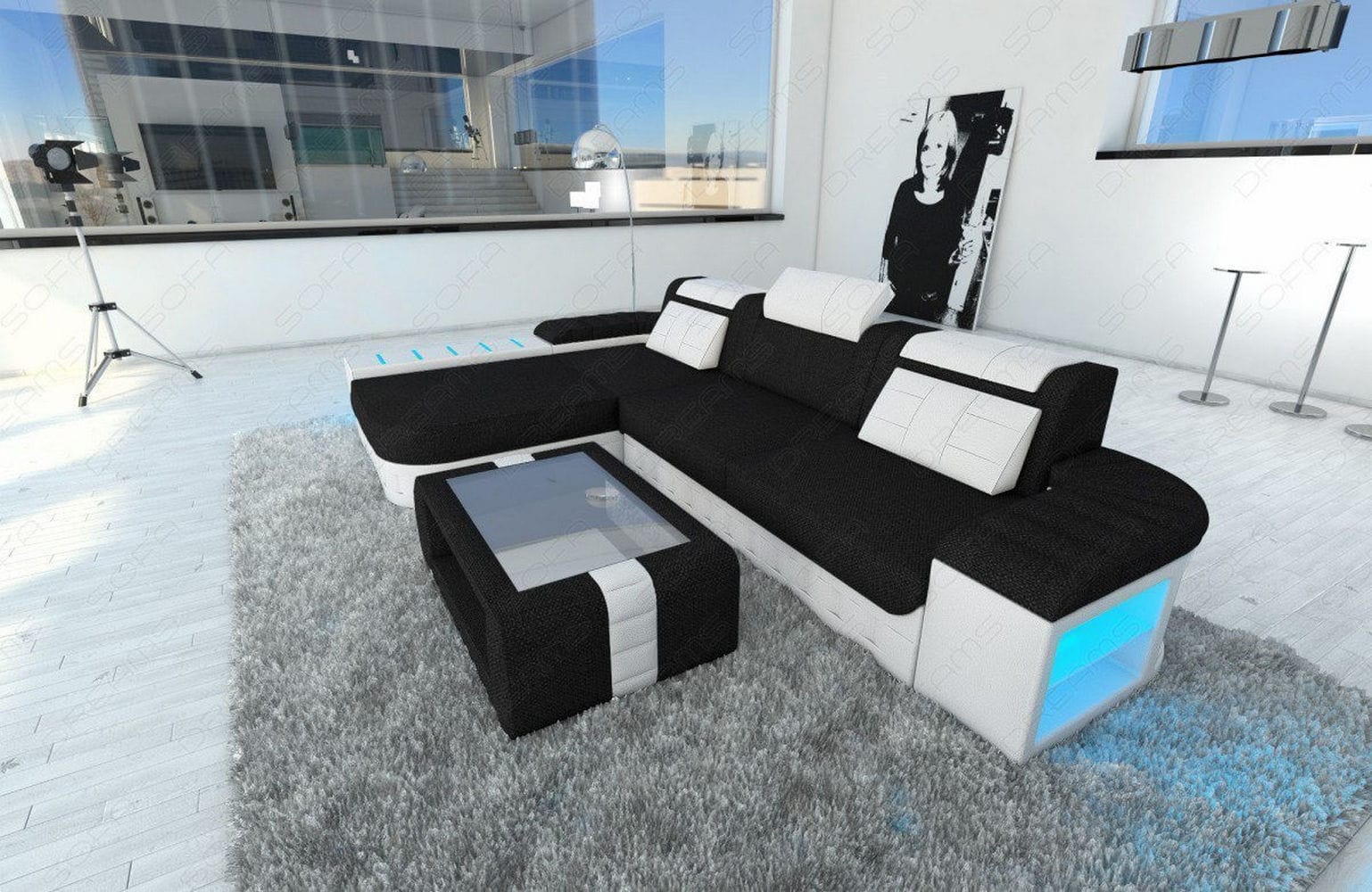 Leder-Stoff Couch Bellagio L-Form mit LED Dunkelgrau-Weiß