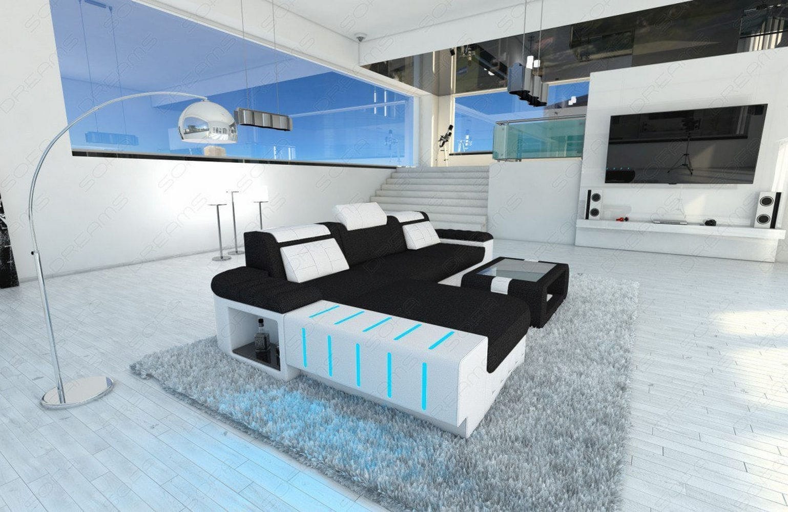 Leder-Stoff Couch Bellagio L-Form mit LED Dunkelgrau-Weiß
