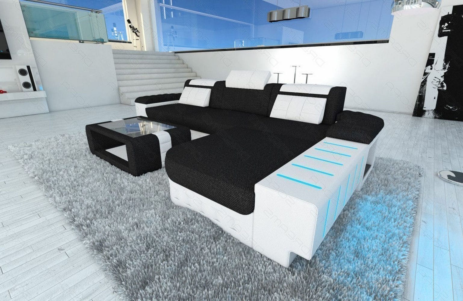 Leder-Stoff Couch Bellagio L-Form mit LED Dunkelgrau-Weiß