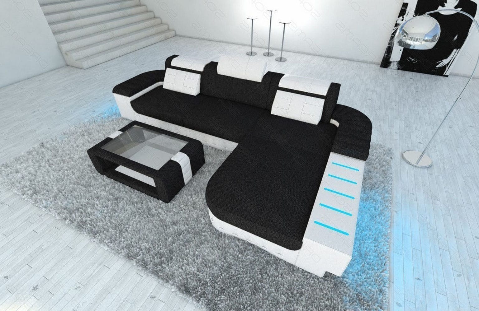 Leder-Stoff Couch Bellagio L-Form mit LED Dunkelgrau-Weiß