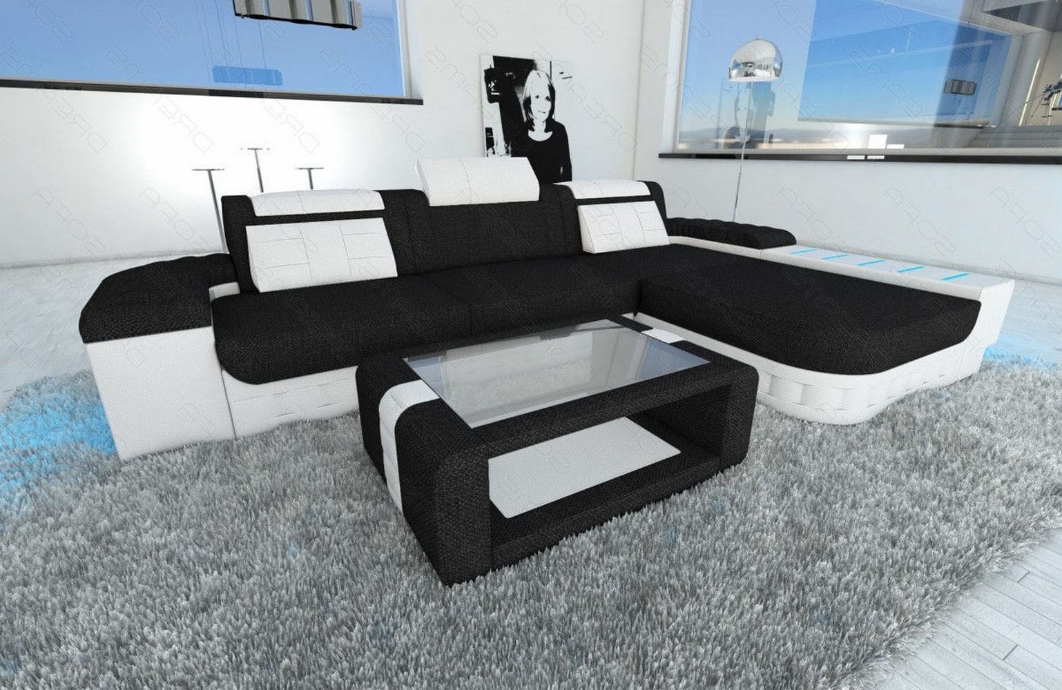 Leder-Stoff Couch Bellagio L-Form mit LED Dunkelgrau-Weiß
