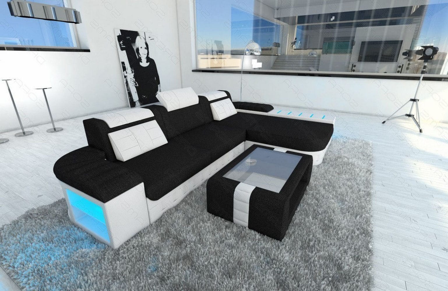Leder-Stoff Couch Bellagio L-Form mit LED Dunkelgrau-Weiß