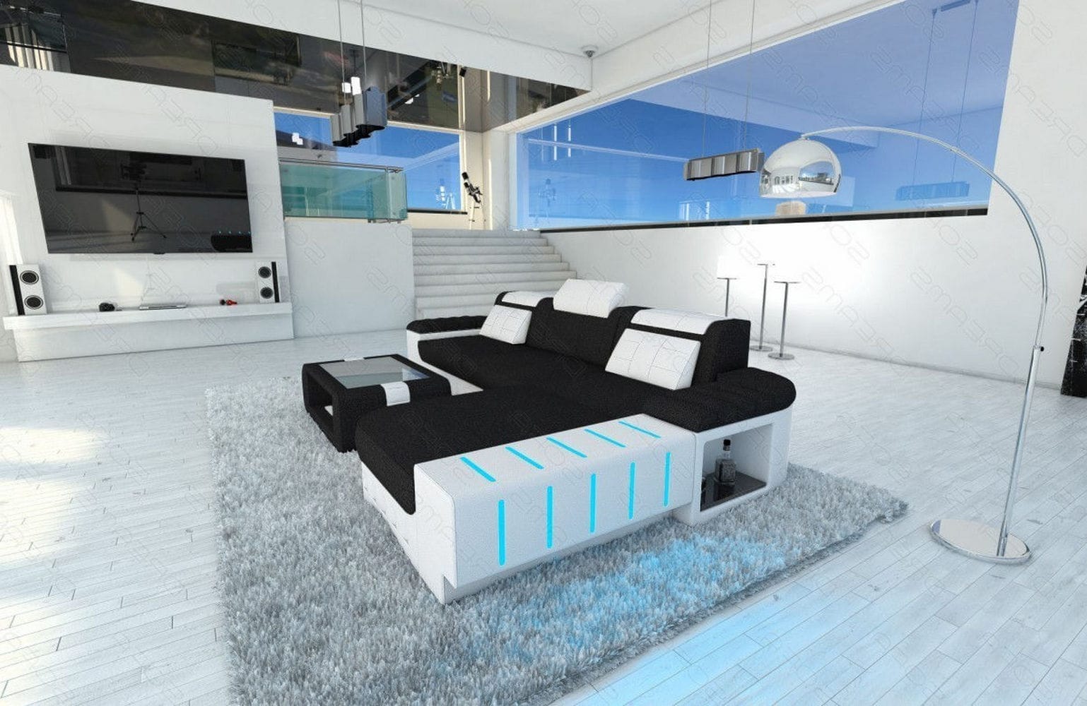 Leder-Stoff Couch Bellagio L-Form mit LED Dunkelgrau-Weiß
